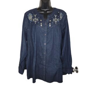 Studio by Denim & Co. Embroidered Button-Up Denim Shirt 3x